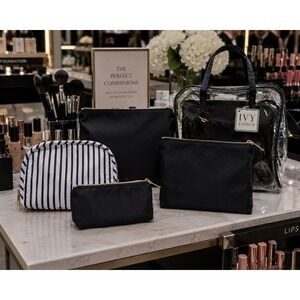 Ivy London 5 Piece Makeup Bag Set Clear Tote Black Nylon Pouches Striped Case